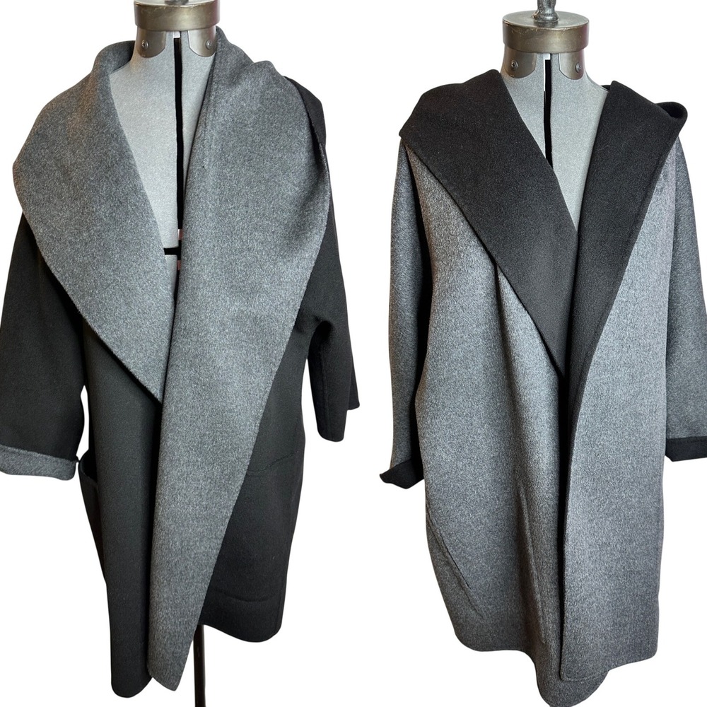 VINCE Reversible Double Faced Wool Blend Hooded Coat Black Charcoal Grey S- M